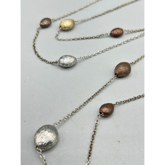 Tri-Color Station Necklace with Silver Gold & Copper Toned Beads Dainty Thin Cha - Picture 4 of 6